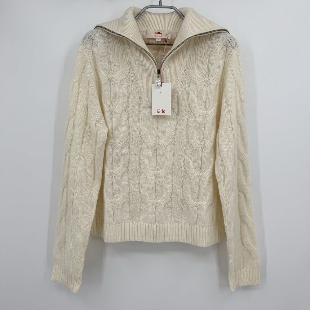Kilte Collection Elle Cashmere 1/4-Zip Pullover Sweater in Ivory size 2 M Medium